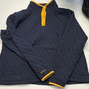 MOVING SALE MUST GO: Orvis Dark Blue Quilted Pullover with Mustard Trim